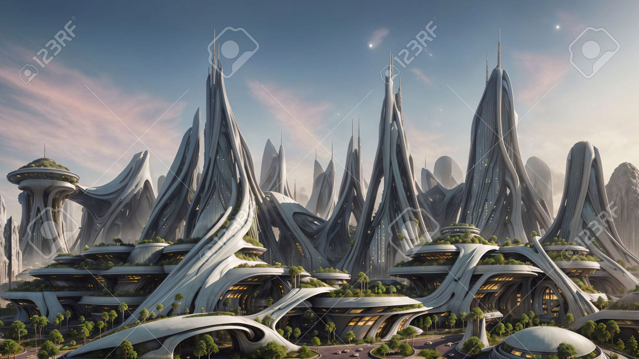 Landscape Of A Sci-fi Futuristic Alien-city In Nature At Dusk - Generative  AI Illustration Stock Photo, Picture and Royalty Free Image. Image  204306648.