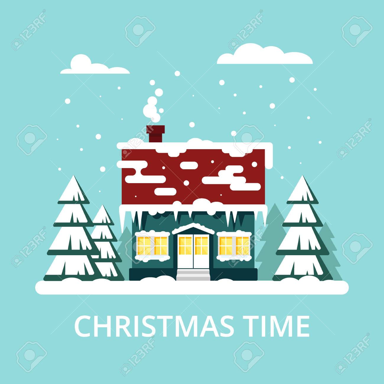 冬と居心地の良い家は 青色の背景に収まります お正月 クリスマスの時期はベクトル イラストです フラット市都市景観 12 月は雪寒いクリスマス の写真素材 画像素材 Image