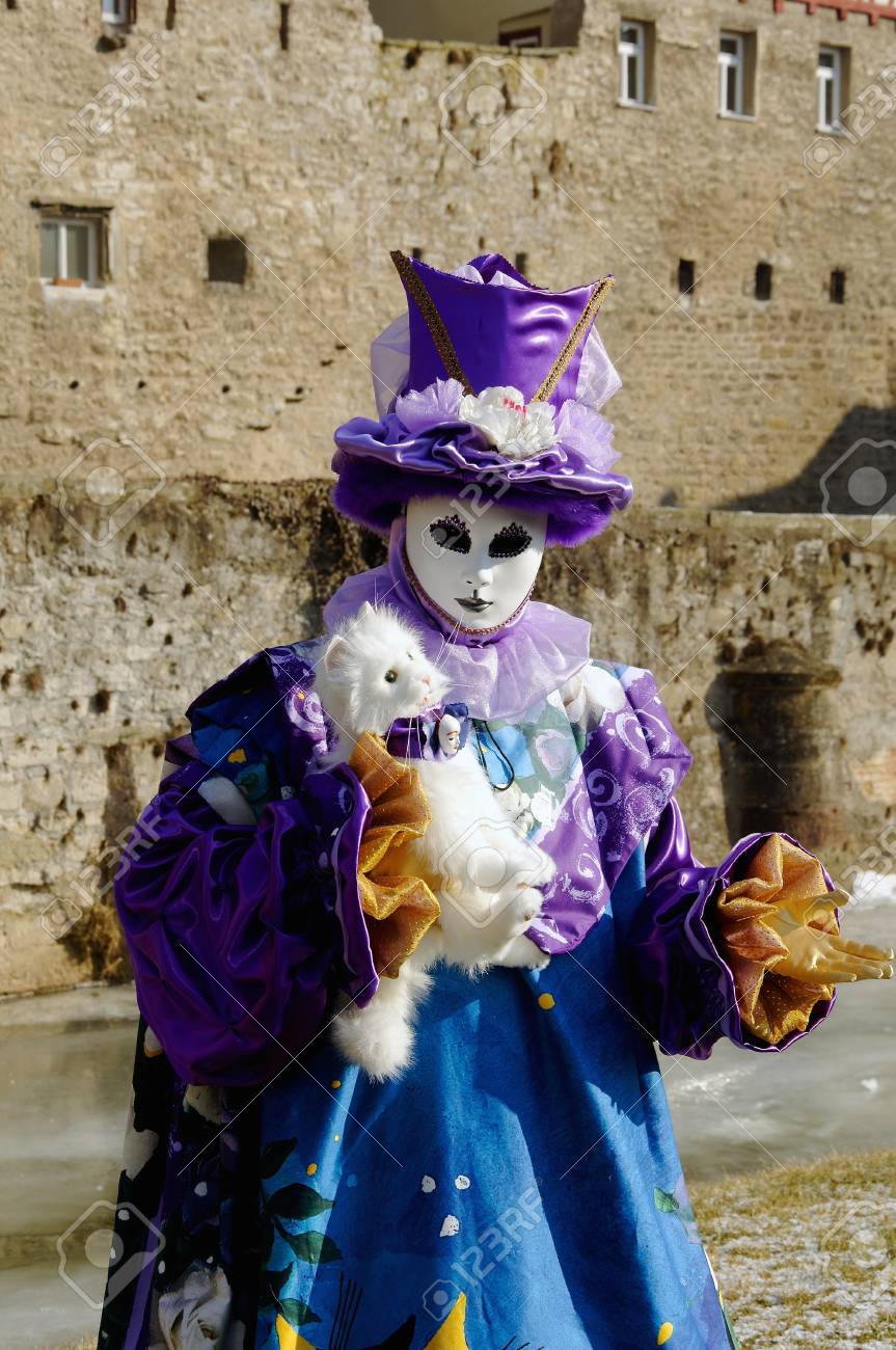 猫とヴェネツィアの服装の女性 の写真素材 画像素材 Image