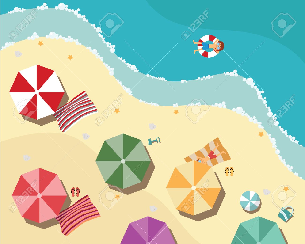 Summer beach in flat design, aerial view, sea side and umbrellas, vector illustration - 36573028 Summer beach in flat design, aerial view, sea side and umbrellas, vector illustration - 36573028