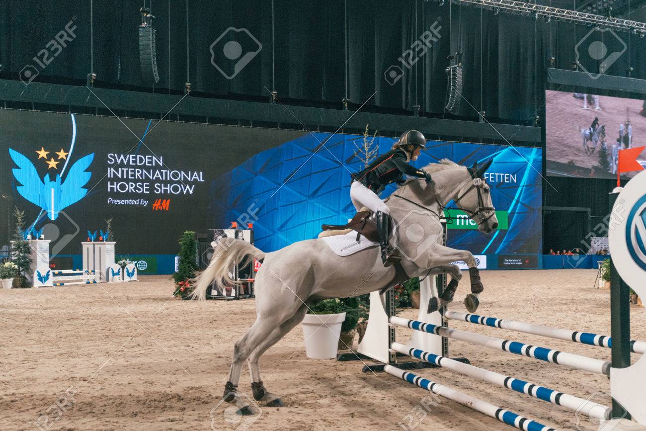 有名人友人アリーナでスウェーデン国際馬ショーの跳躍のソルナ スウェーデン 16 年 11 月 27 日 Elfstrand の写真素材 画像素材 Image