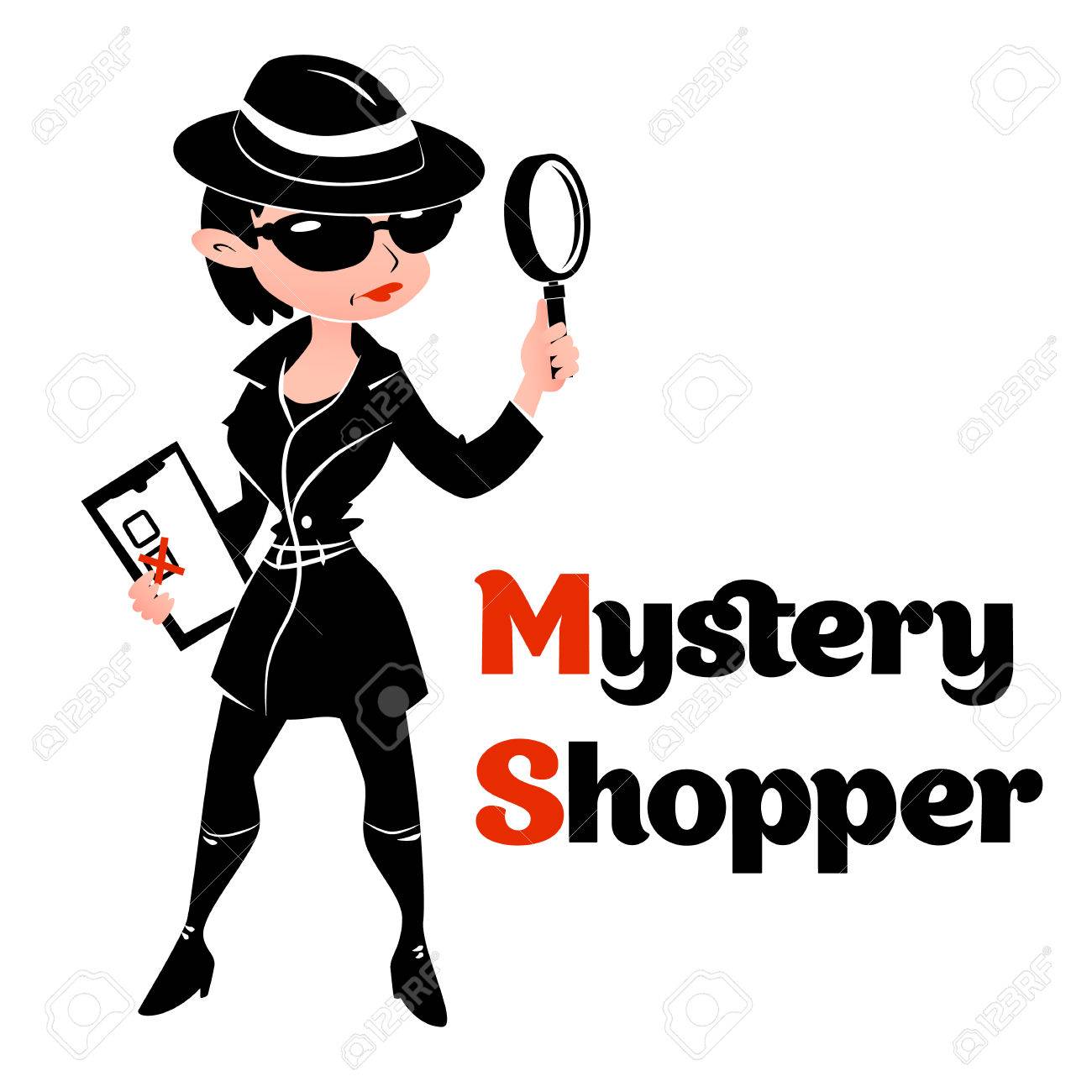 Noir Et Blanc Femme De Client Mystere Dans Le Manteau D Espionnage Des Bottes Des Lunettes De Soleil Et Un Chapeau Avec Loupe Et Liste De Controle Vecteur Pleine Longueur Clip Art Libres