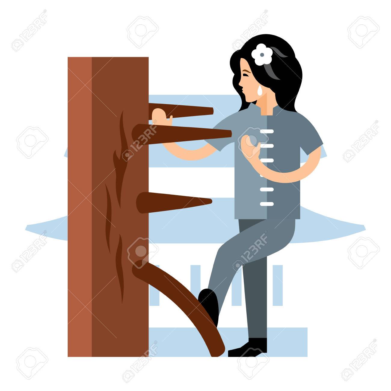 Vector De Chun Fu Mujer En Un Muñeco Madera. Estilo Plano Ilustración De Dibujos Animados De Colores. Ilustraciones Svg, Vectoriales, Clip Art Vectorizado Libre De Derechos. Image 70556185.