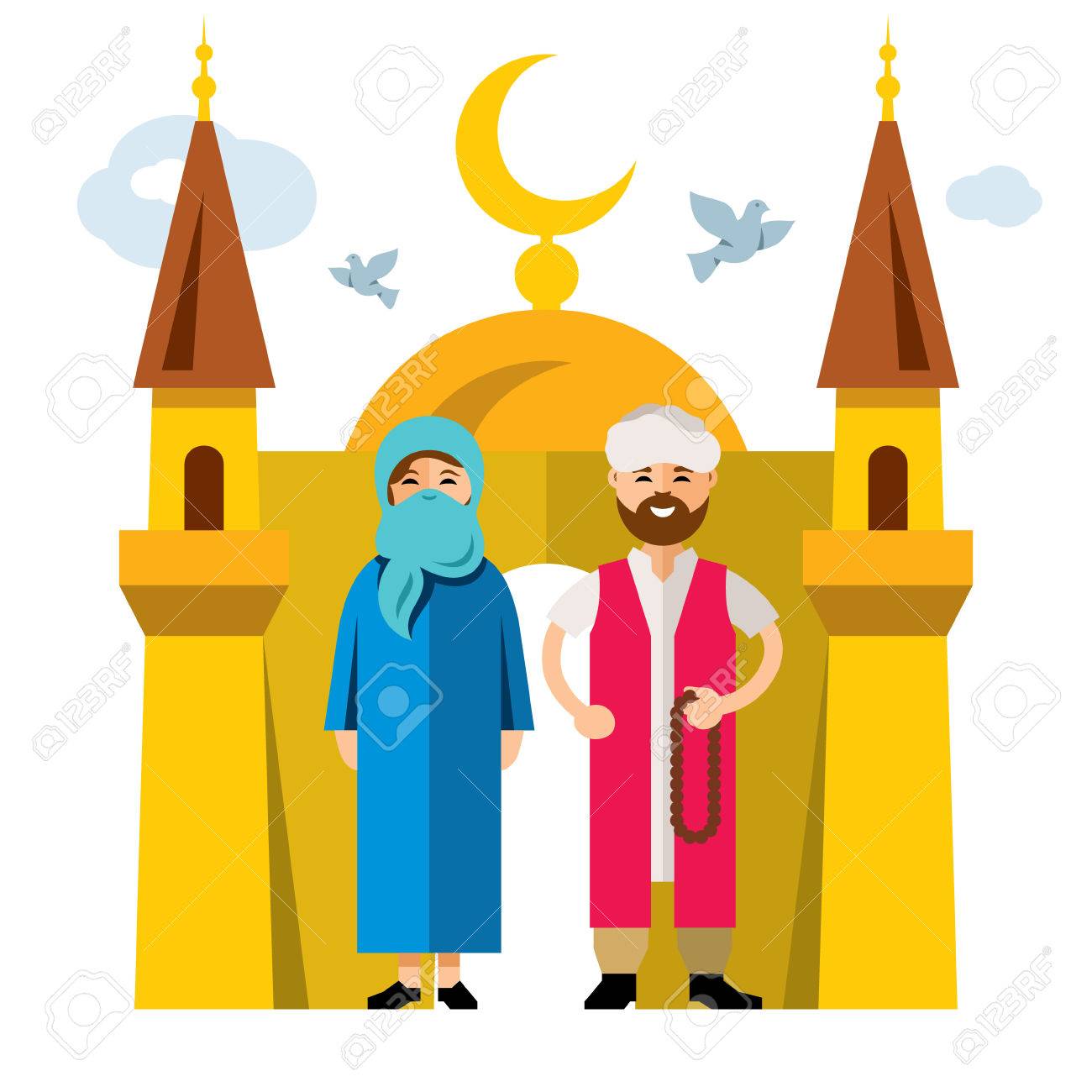 Vector Muslim Family And Islam. Flat Style Colorful Cartoon Illustration.  Royalty Free SVG, Cliparts, Vectors, and Stock Illustration. Image 75847894., image size:1300x1300