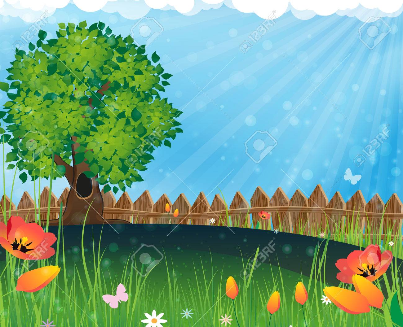 木と草原の花です 夏風景自然 のイラスト素材 ベクタ Image