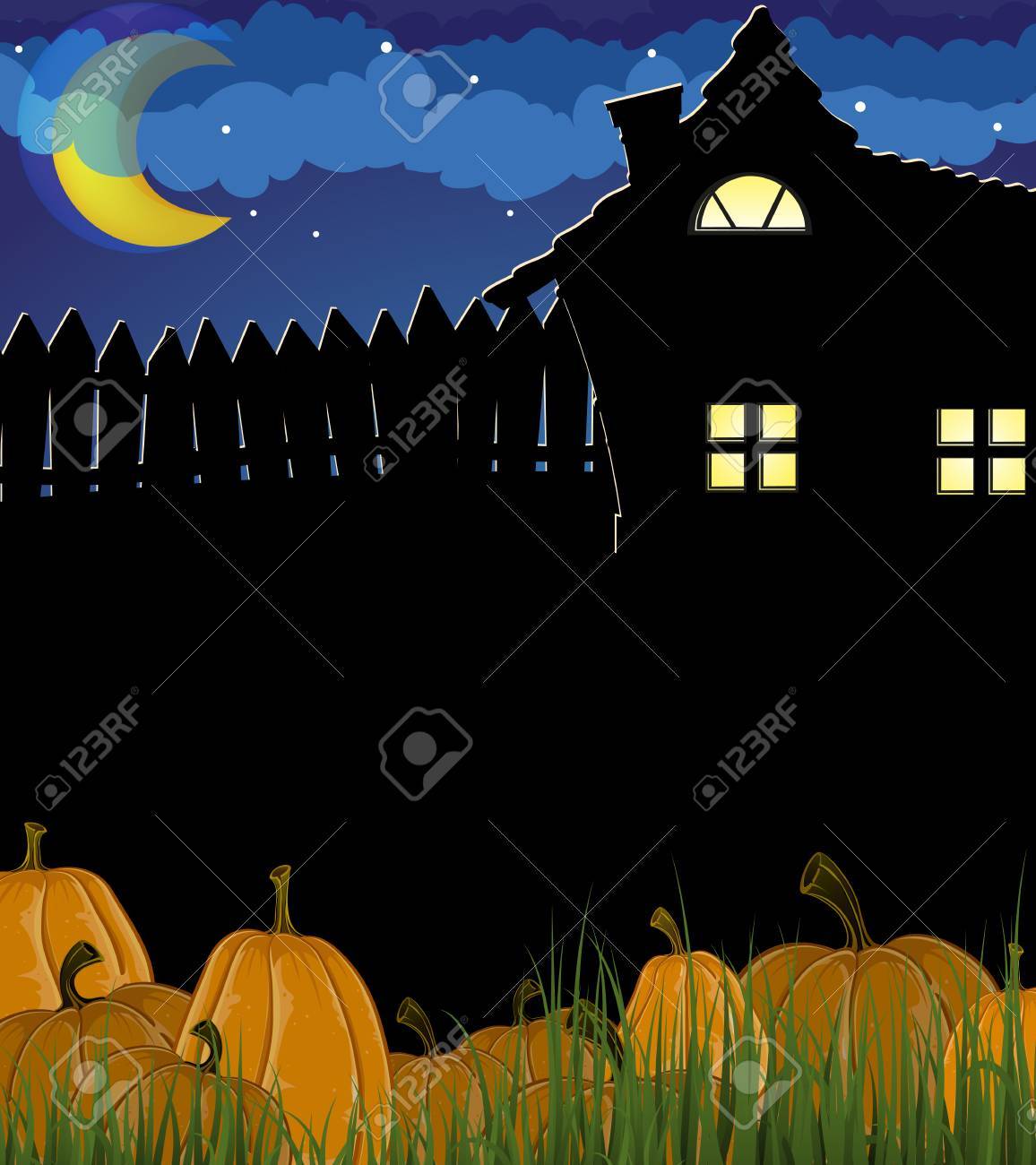 光る窓の家の近くの草の中のカボチャ ハロウィーンの夜のシーンのイラスト素材 ベクタ Image