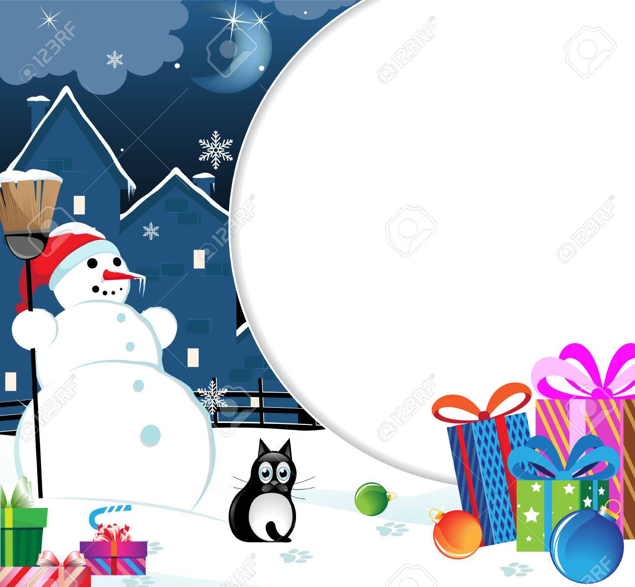 Bonhomme De Neige Et Chat Noir Avec Des Cadeaux De Noël Et Des Boules