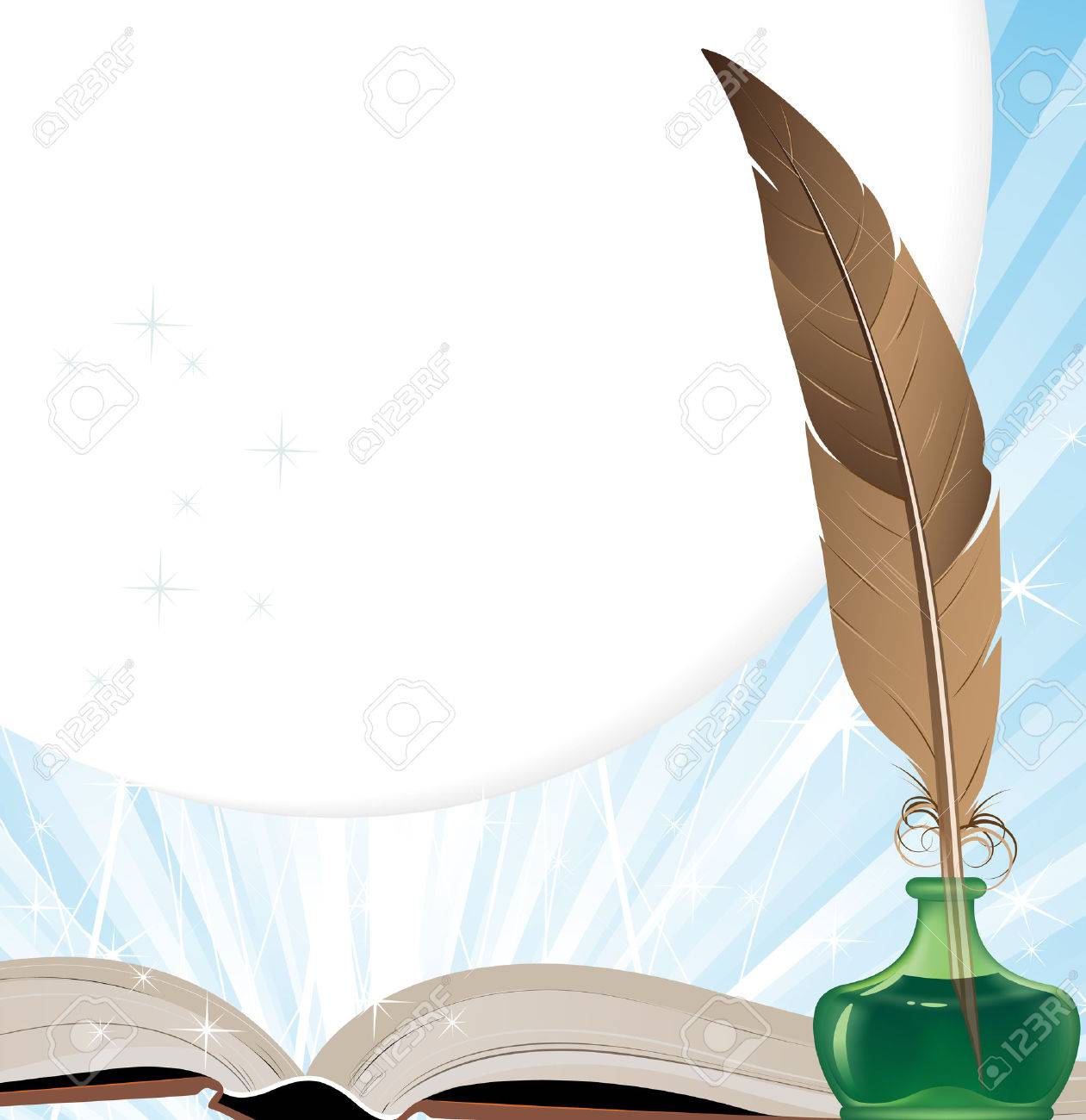 open book ink and brown feather on a blue shining background