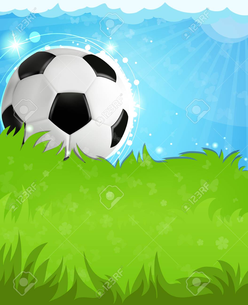青い背景に芝生の上のサッカー ボール 抽象的なサッカーの背景のイラスト素材 ベクタ Image