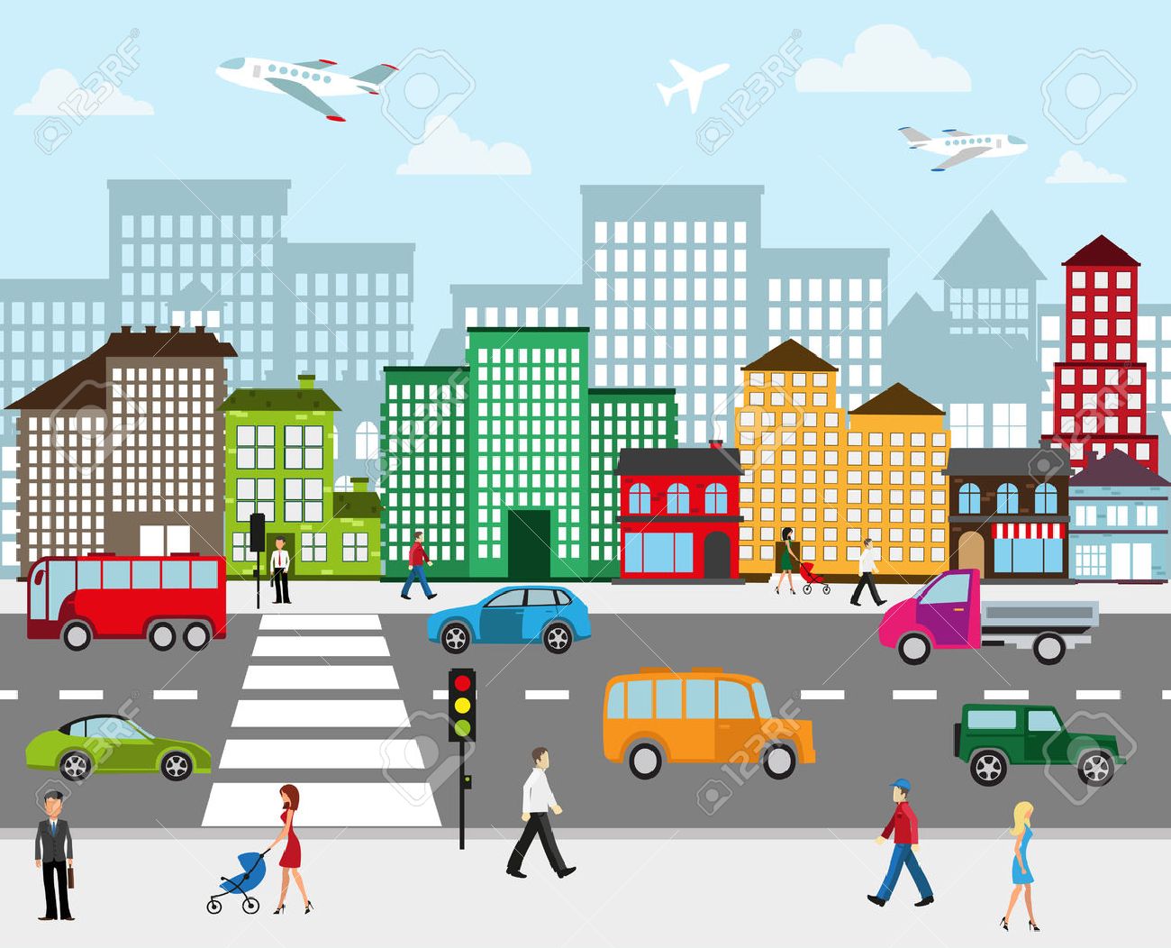 Urban landscape. View of city street with industrial buildings and shopping centers. Roadway with car traffic and pedestrians on the sidewalk in the foreground - 43527922 Urban landscape. View of city street with industrial buildings and shopping centers. Roadway with car traffic and pedestrians on the sidewalk in the foreground - 43527922