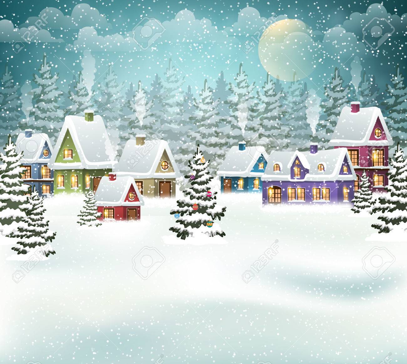 雪に覆われた家やクリスマス ツリーの装飾のある村冬景色のイラスト素材 ベクタ Image 雪に覆われた家やクリスマス ツリーの装飾のある村冬景色のイラスト素材 ベクタ Image