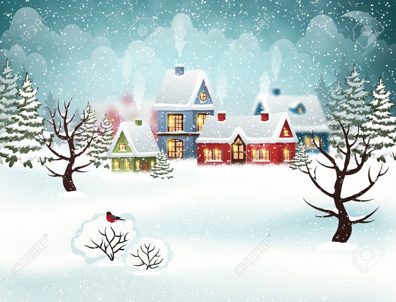 夜の雪で冬風景は 住宅やクリスマス ツリーを覆われています クリスマス休日ベクトル イラストのイラスト素材 ベクタ Image 夜の雪で冬風景は 住宅やクリスマス ツリーを覆われています クリスマス休日ベクトル イラストのイラスト素材 ベクタ Image