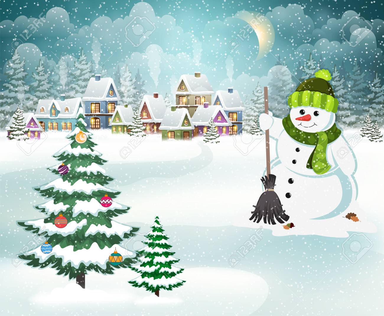 雪に覆われた家 ほうきを持つ雪だるま クリスマスの飾り付けのクリスマスツリーを持つ村の冬の風景 のイラスト素材 ベクタ Image