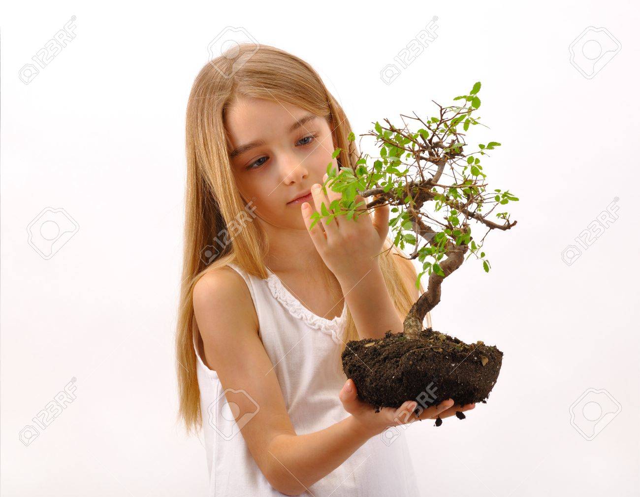 ツリーの小さな女の子を楽しんでいる子供白い服を着て 彼の手で保持している土 白い背景の上の木と植物 の写真素材 画像素材 Image
