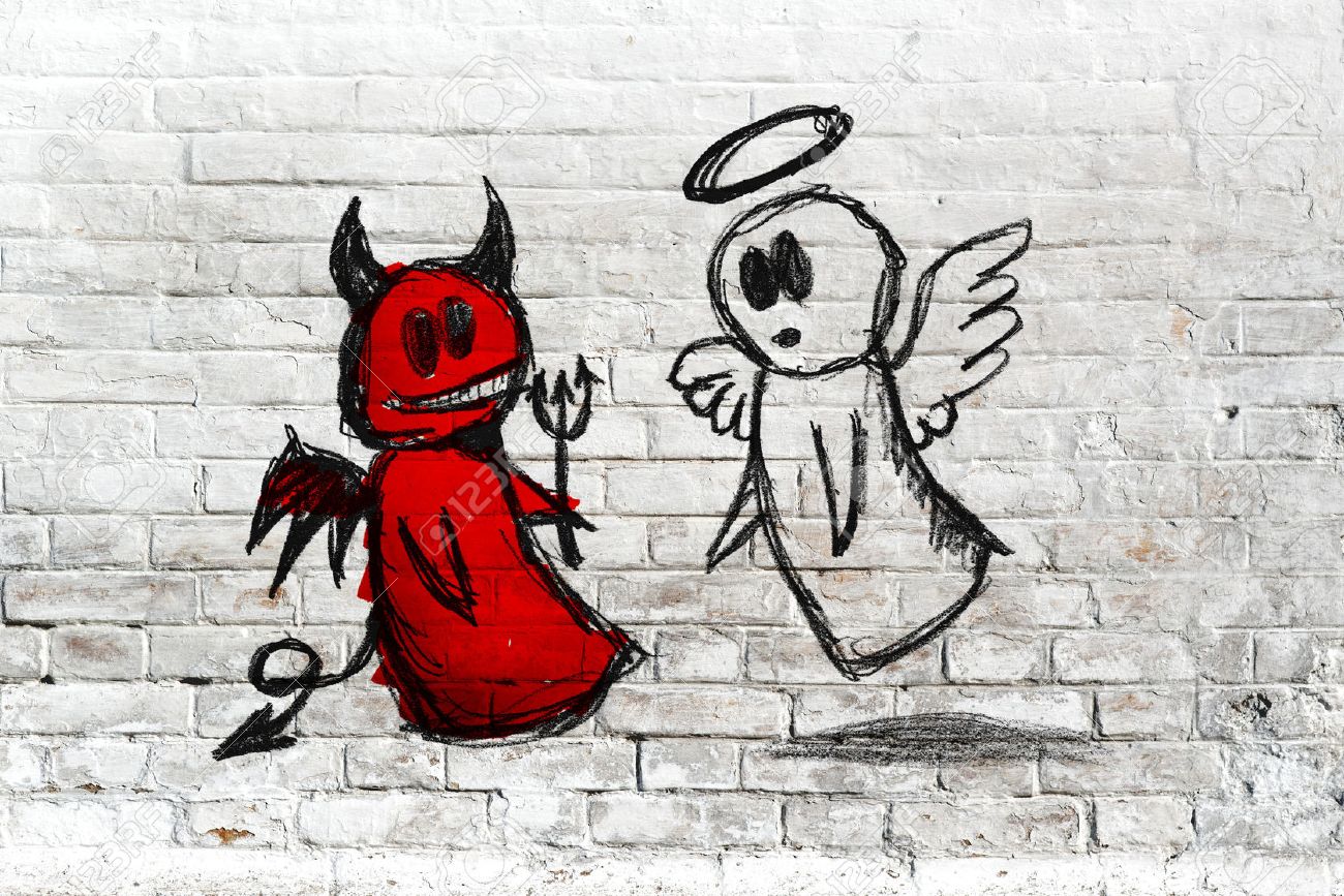 Doodle drawing of angel and devil fighting on white brick wall. Concept of conscience; decisions, uncertainty, moral dilemma; fight of good and evil. - 27835116 Doodle drawing of angel and devil fighting on white brick wall. Concept of conscience; decisions, uncertainty, moral dilemma; fight of good and evil. - 27835116