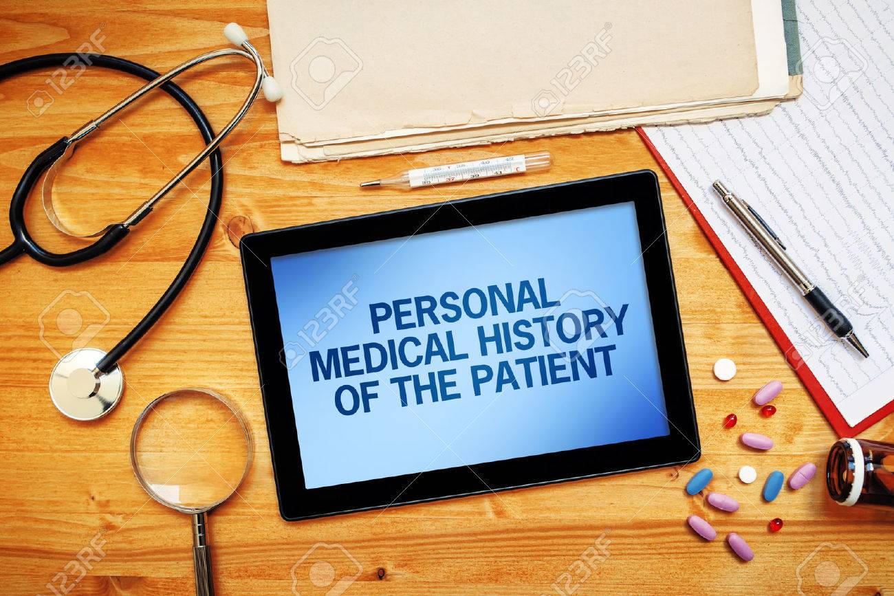 Personal medical history of the patient, healthcare concept with doctor's worskpace top view - 62392098 Personal medical history of the patient, healthcare concept with doctor's worskpace top view - 62392098