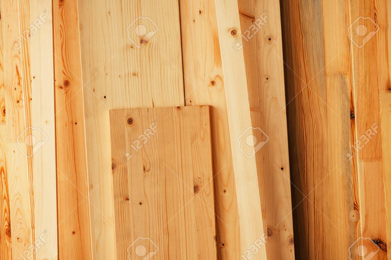 Pine Wood Floorboard Planks In Workshop Ready To Be Used For