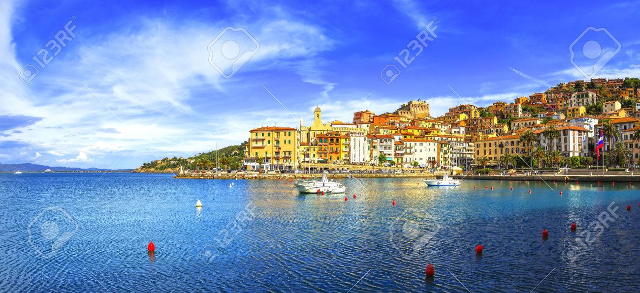 Porto Santo Stefano harbor seafront and village skyline, italian travel destination. Monte Argentario, Tuscany, Italy. - 55436930 Porto Santo Stefano harbor seafront and village skyline, italian travel destination. Monte Argentario, Tuscany, Italy. - 55436930