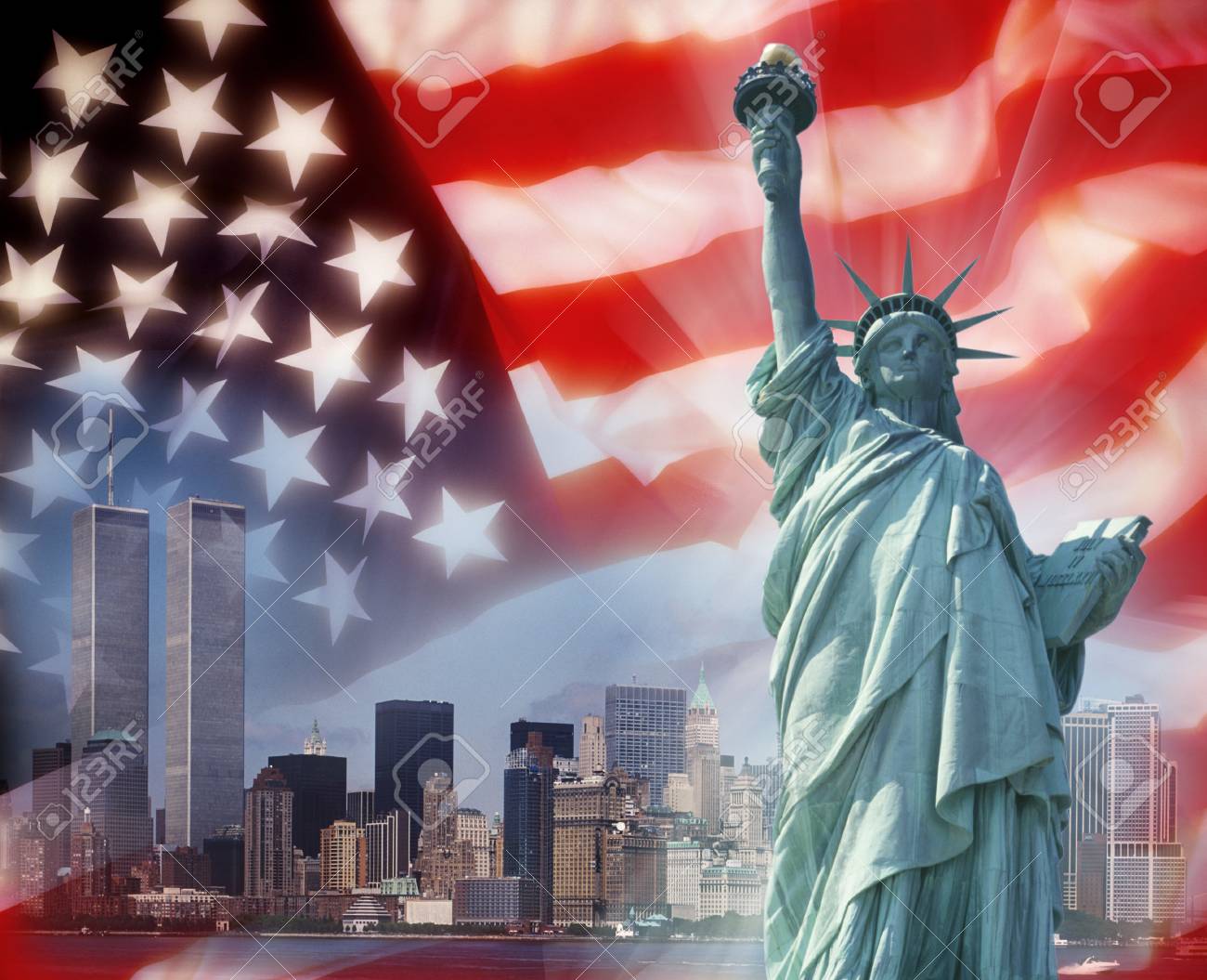 New Yorks Manhattan skyline before 9/11 with the Twin Towers of the World Trade Center and the flag of the USA - Patriotic symbols. - 92348649 New Yorks Manhattan skyline before 9/11 with the Twin Towers of the World Trade Center and the flag of the USA - Patriotic symbols. - 92348649