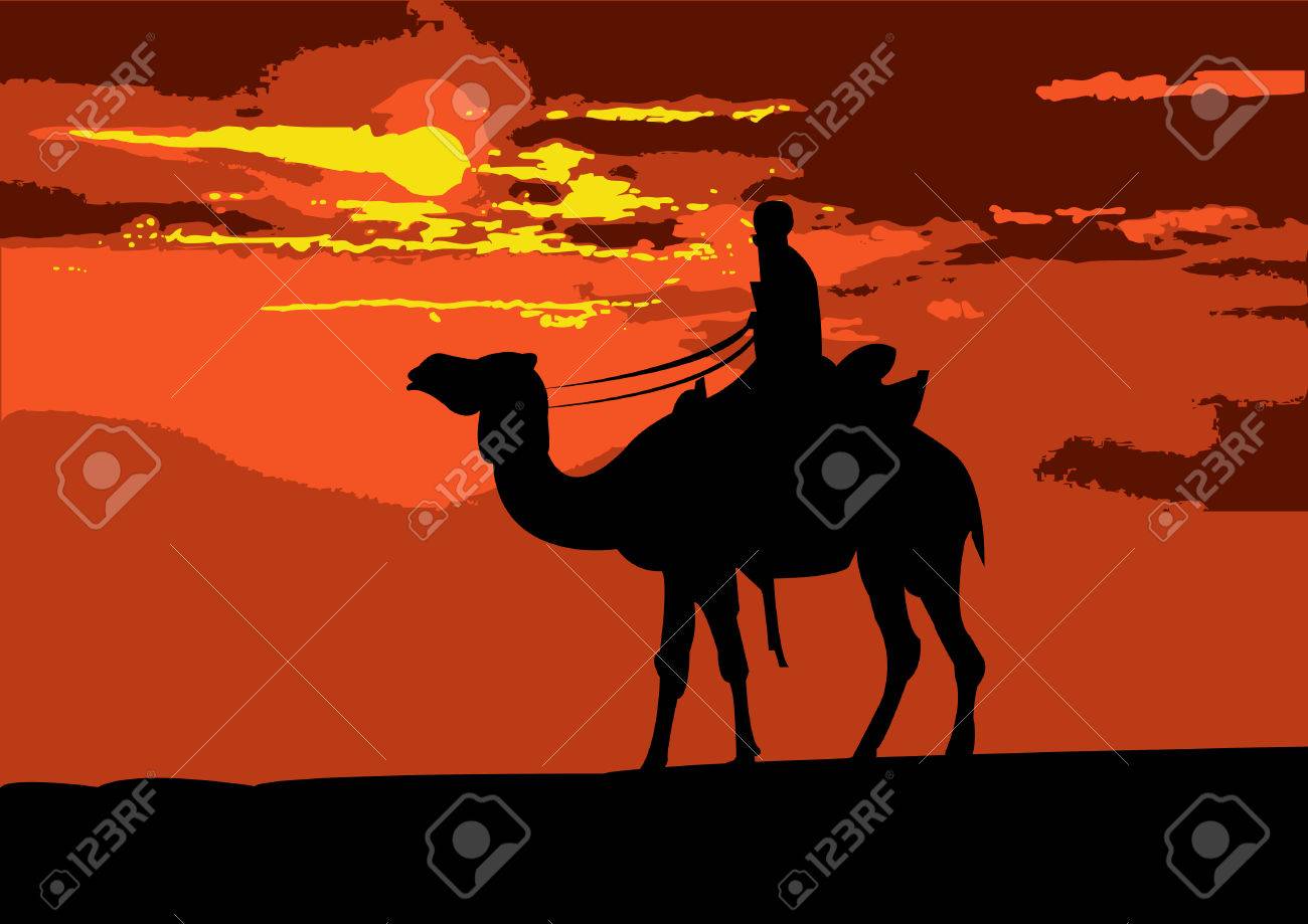 Illustration of a camel rider traveling through the desert, on the sunset - 5197373 Illustration of a camel rider traveling through the desert, on the sunset - 5197373