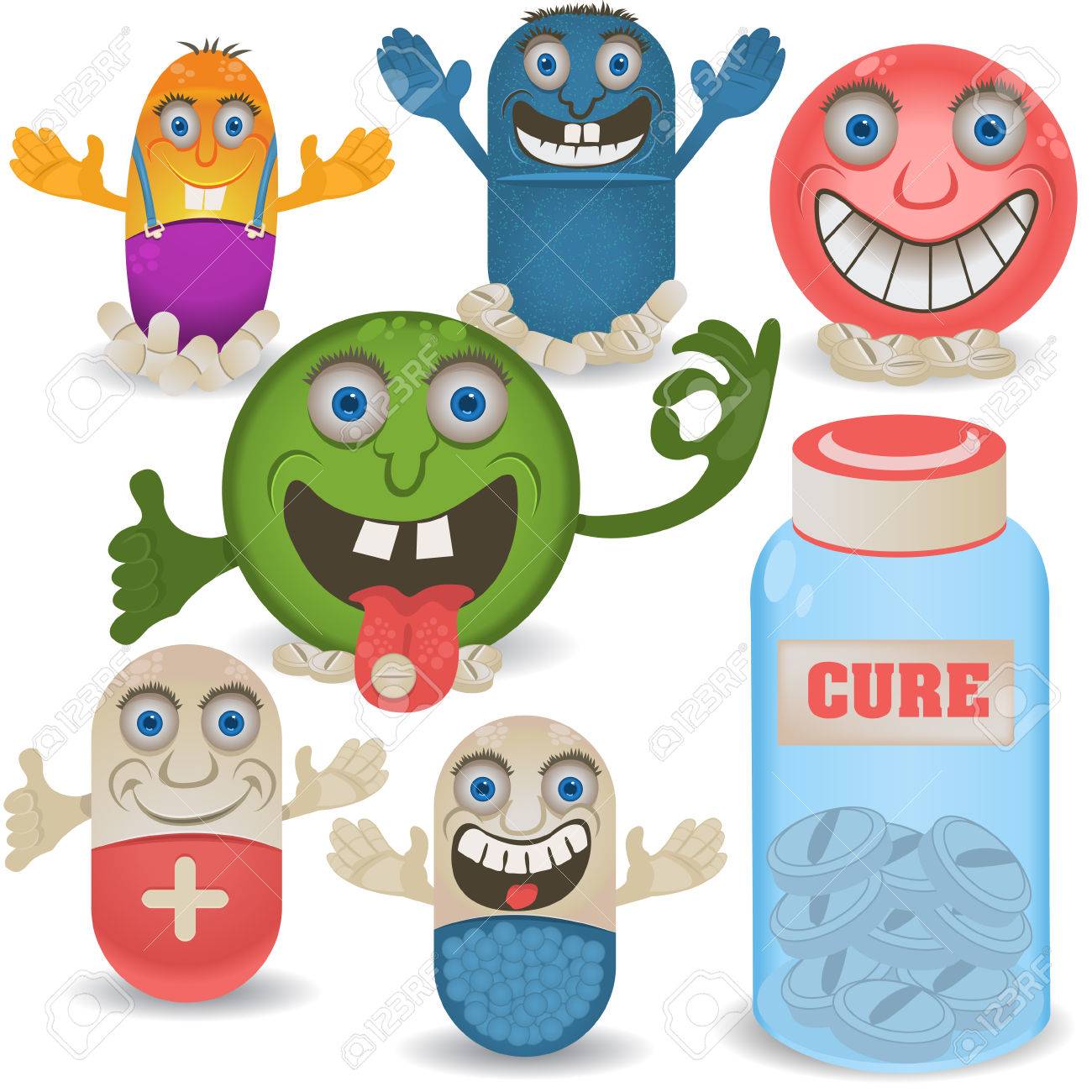 幸せの丸薬と薬 感情表現の面白い漫画イラストのイラスト素材 ベクタ Image