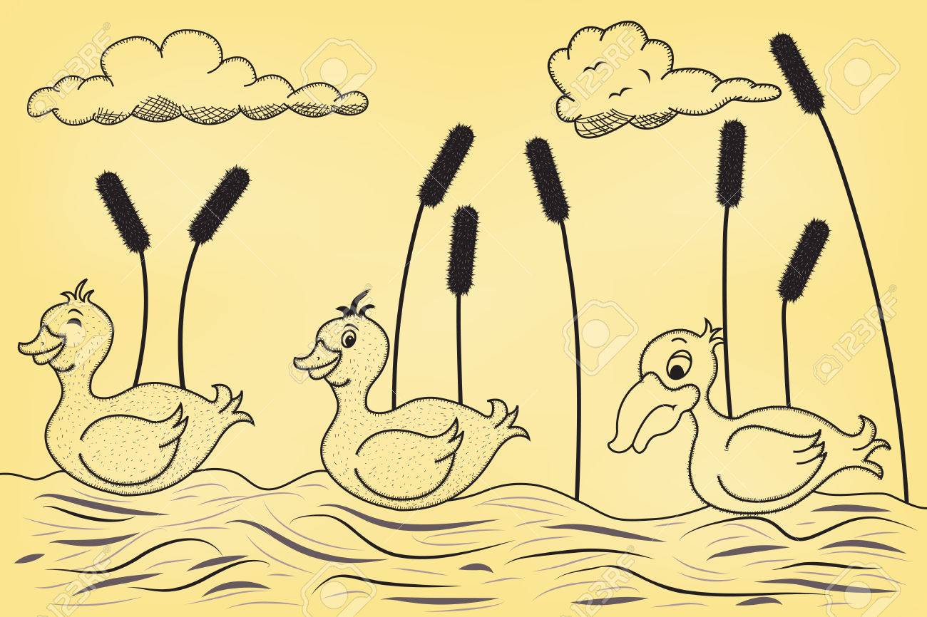 アヒルの池に 3 つ 3 つ目は悲しいみにくいアヒルの子のイラスト素材 ベクタ Image