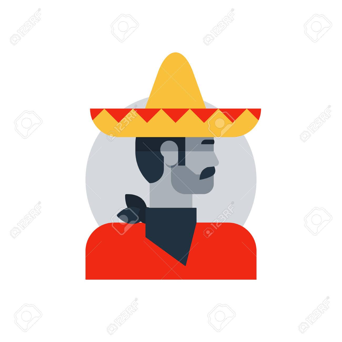 ソンブレロとポンチョでメキシコ人男性は サイドビューなって頭 男性の文字の頭になった フラットなデザインのベクトル図です のイラスト素材 ベクタ Image