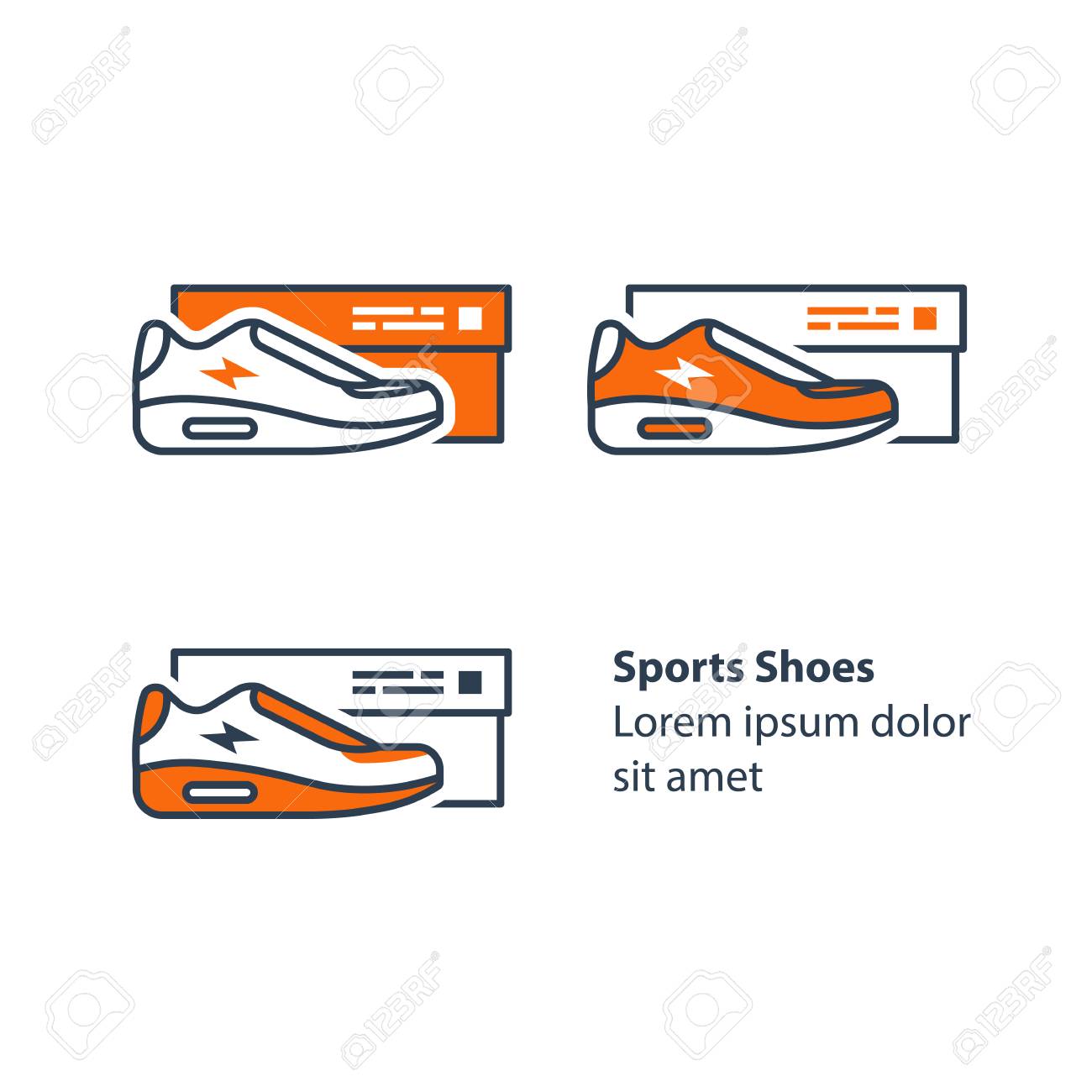 Calzado Deportivo Con Caja, Calzado Para Correr, Nuevo Conjunto De Zapatillas, Colección De Diseño De Entrenadores, Icono De Línea De Vector Ilustraciones Svg, Vectoriales, Art Vectorizado Libre De Image 97990982.
