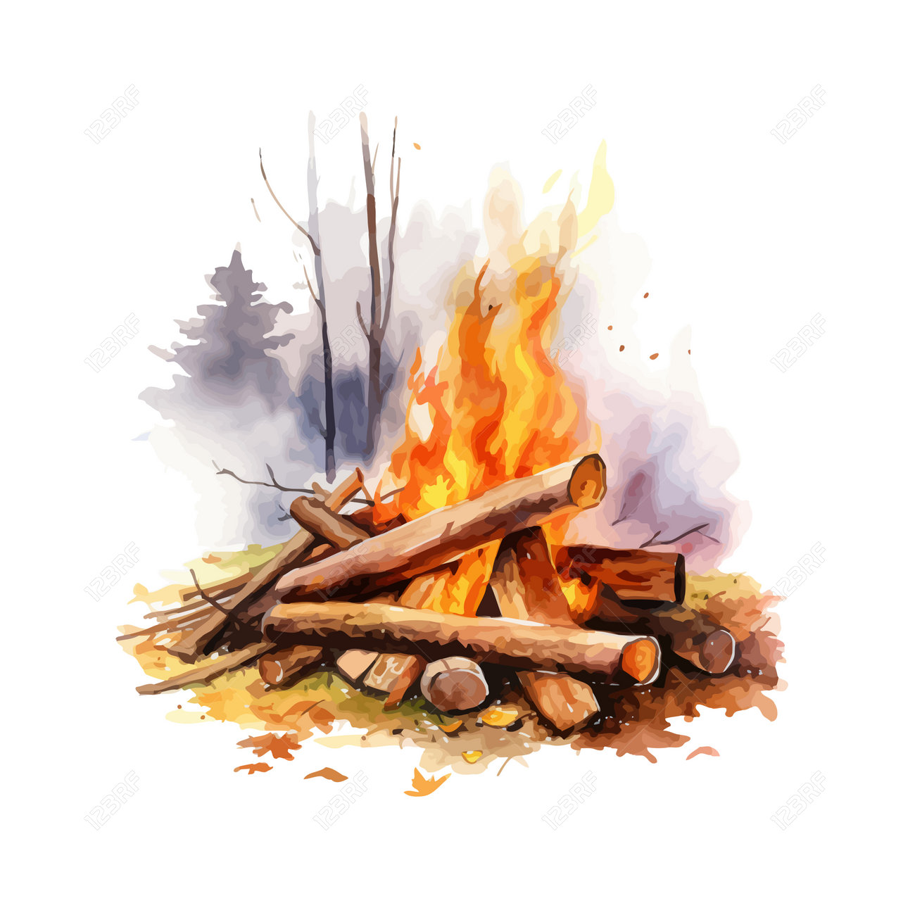 森の中の焚き火。白い背景に分離された水彩イラストのイラスト素材