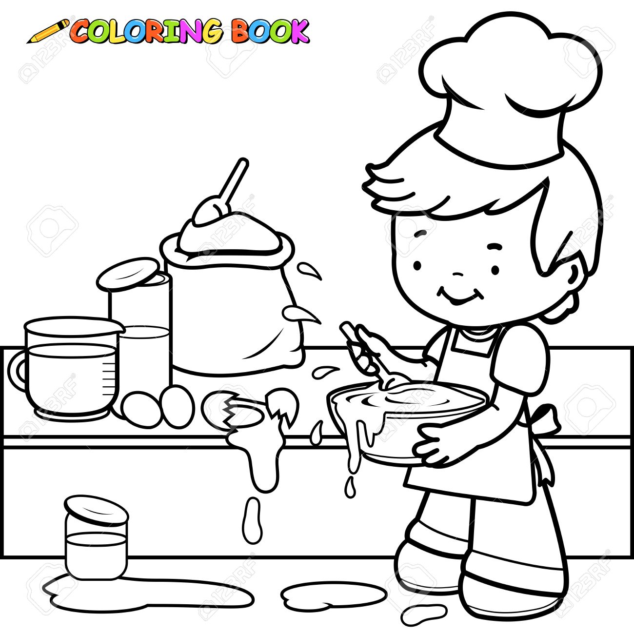 Little Boy Cooking And Making A Mess Coloring Book Page. Royalty ... Little Boy Cooking And Making A Mess Coloring Book Page. Royalty ...