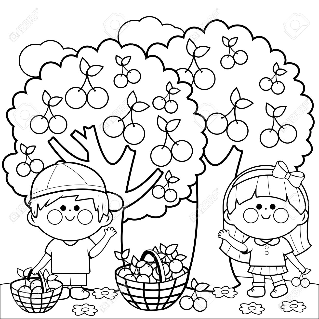 kids harvesting cherries coloring book page royalty free cliparts
