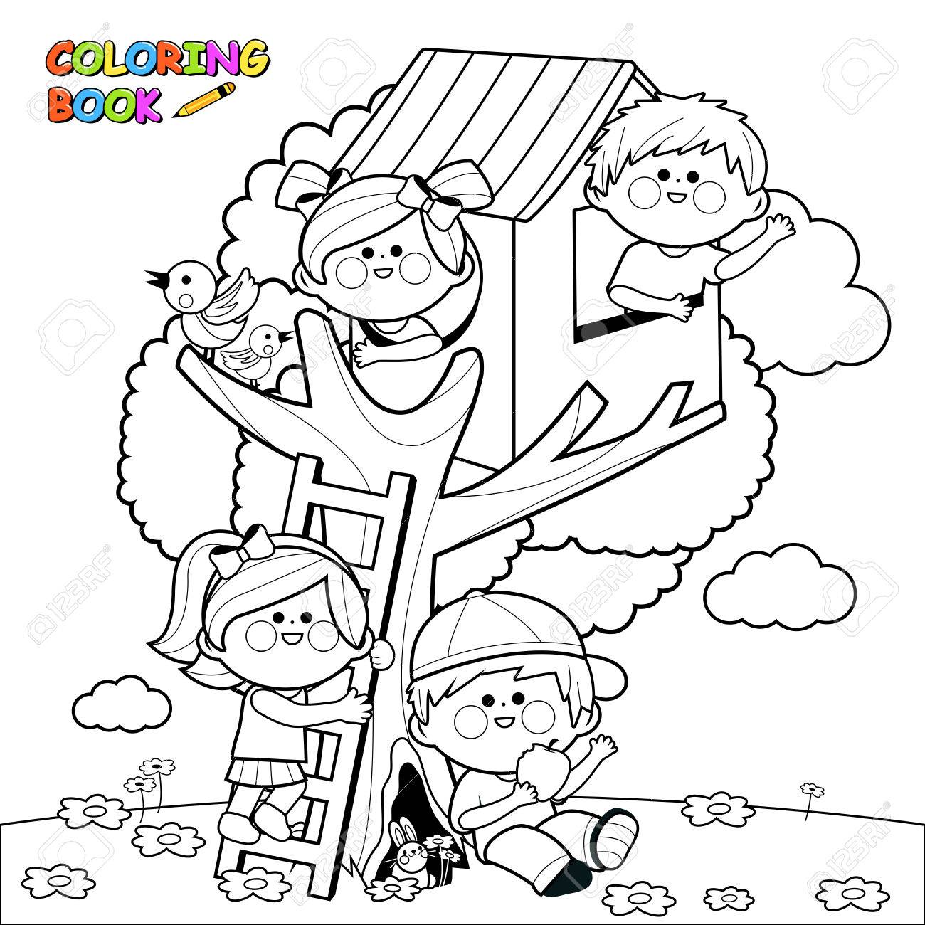 Children playing in a tree house. Black and white coloring book page - 68502313 Children playing in a tree house. Black and white coloring book page - 68502313