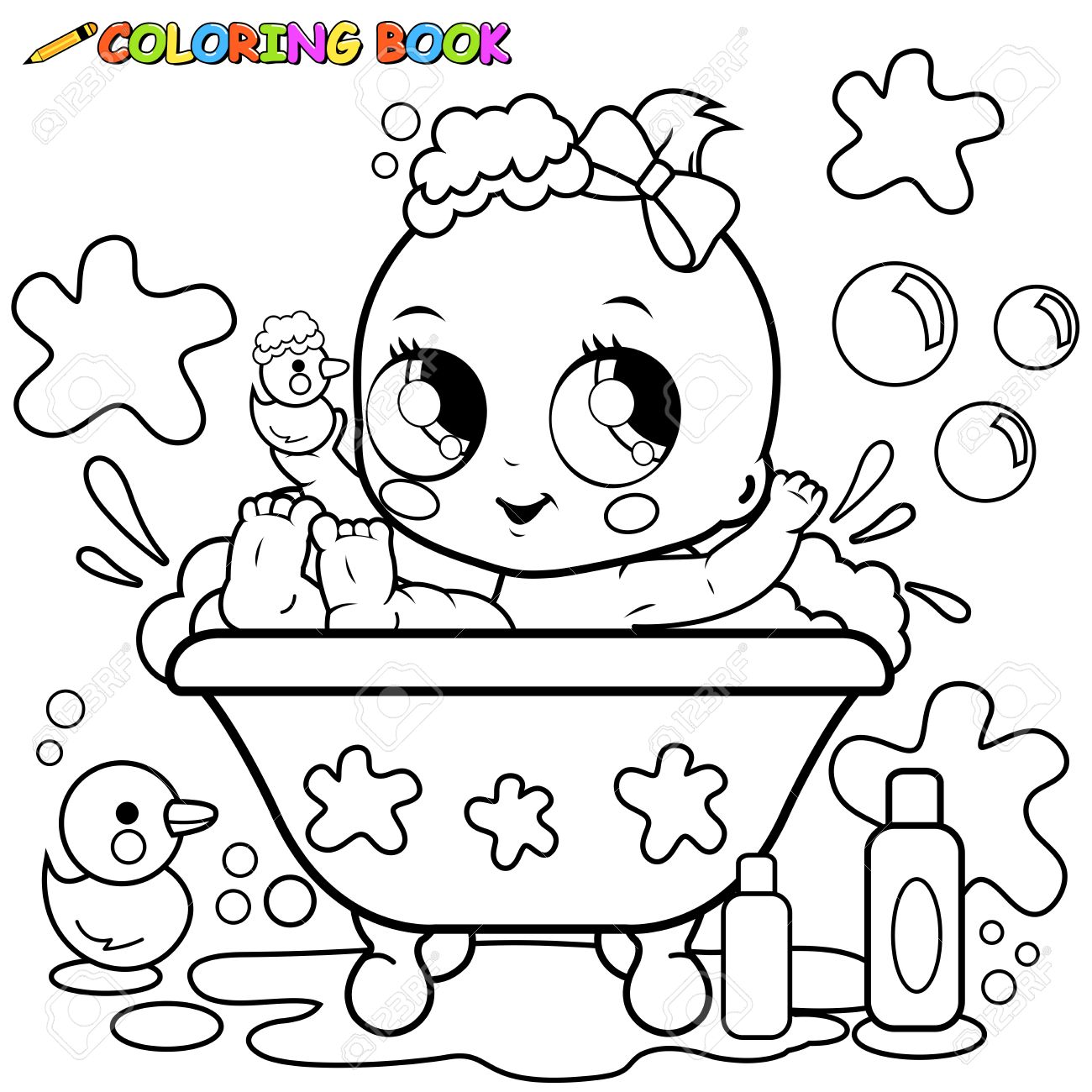 Baby Girl Taking A Bath. Coloring Page Royalty Free Cliparts ... Baby Girl Taking A Bath. Coloring Page Royalty Free Cliparts ...