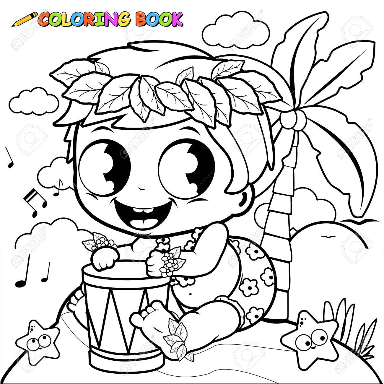 Bebe Hawaiano En Una Isla Tocando Musica Con Un Tambor Pagina Del Libro Para Colorear Ilustraciones Vectoriales Clip Art Vectorizado Libre De Derechos Image