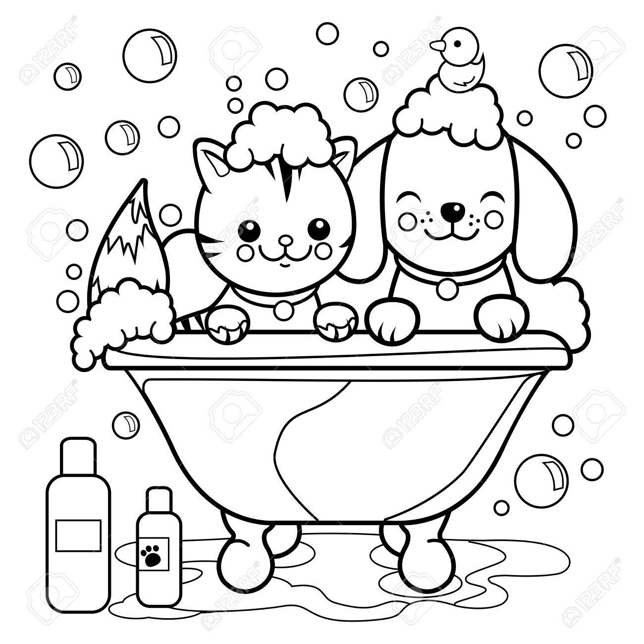 Dog And Cat Taking A Bath. Coloring Book Page. Royalty Free Cliparts ... Dog And Cat Taking A Bath. Coloring Book Page. Royalty Free Cliparts ...