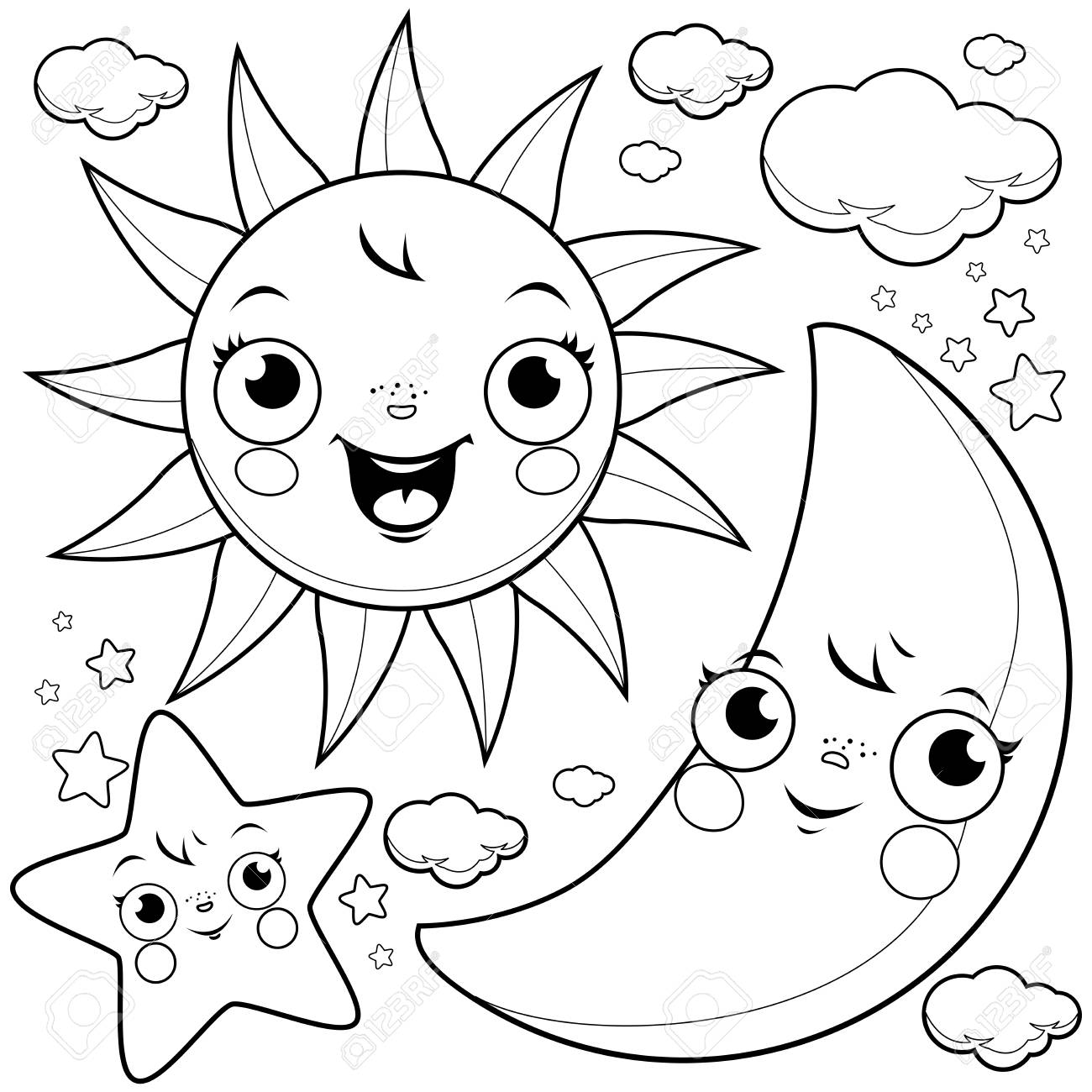 Mignon Soleil Lune Etoiles Et Nuages Illustration En Noir Et Blanc Pour Colorier Clip Art Libres De Droits Vecteurs Et Illustration Image 79171948