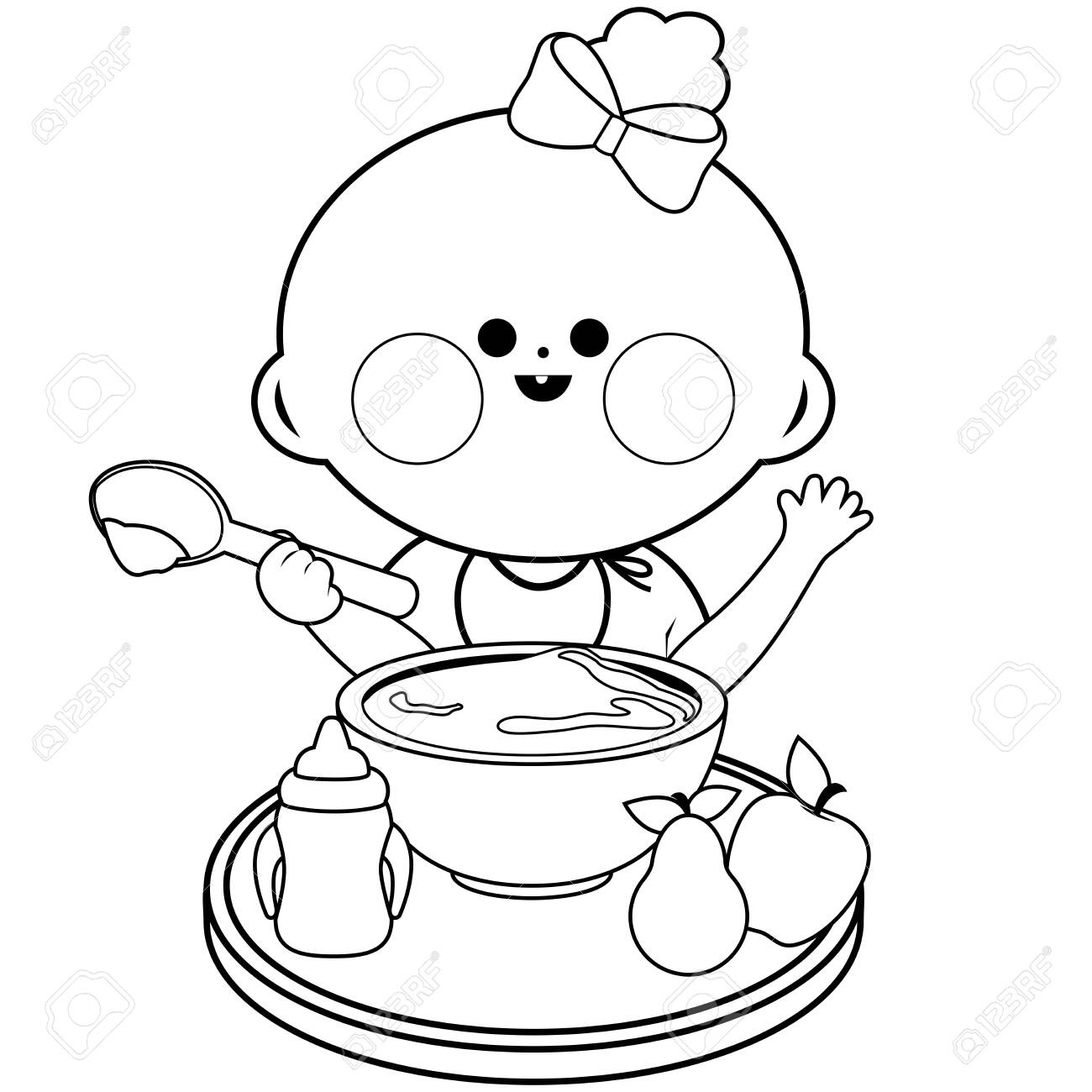 Baby Girl Eating Cereal. Vector Black And White Coloring Page Royalty Free  SVG, Cliparts, Vectors, and Stock Illustration. Image 143596259., image size:1300x1300