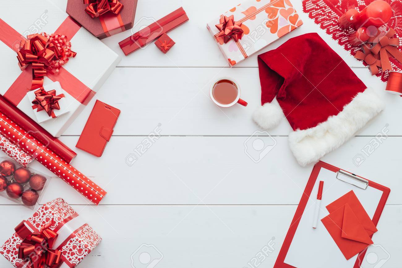 Preparing for Christmas wrapping paper, decorations envelopes..