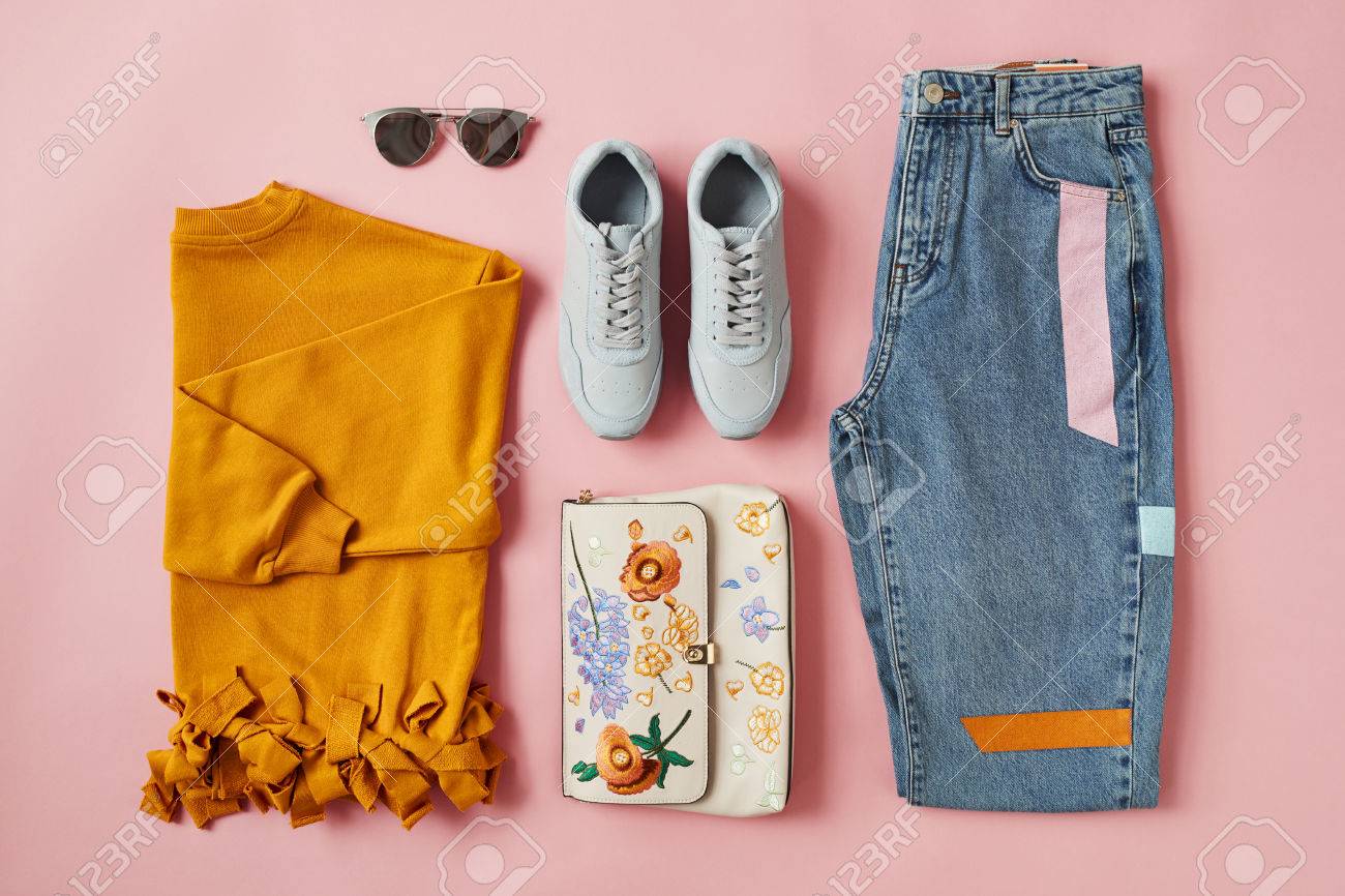 Flat Lay Shot Of Female Autumn Clothing And Accessories - 85441869 Flat Lay Shot Of Female Autumn Clothing And Accessories - 85441869