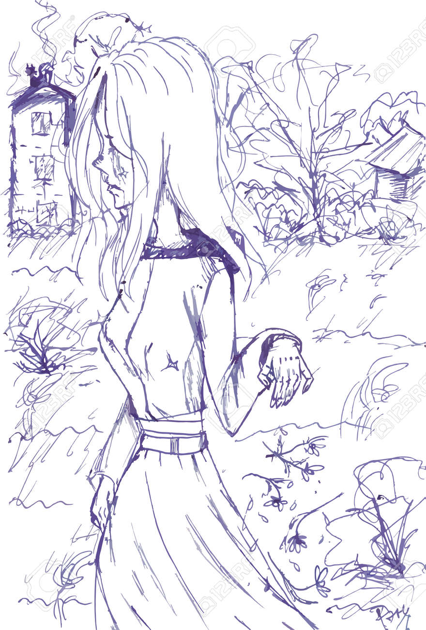 Vector Illustration Of A Sad Girl Walking Down The Street. Sketch Girl In  Cartoon Style Near Houses. Art Girl On The Street. Graphic Work Girl  Walking In The Field Near Houses Royalty, image size:880x1300