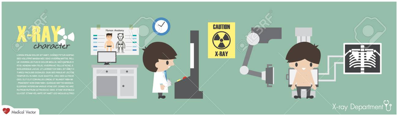 X 線検査室 診療放射線技師は 患者の胸部にイメージングです ベクトル フラットなデザイン のイラスト素材 ベクタ Image