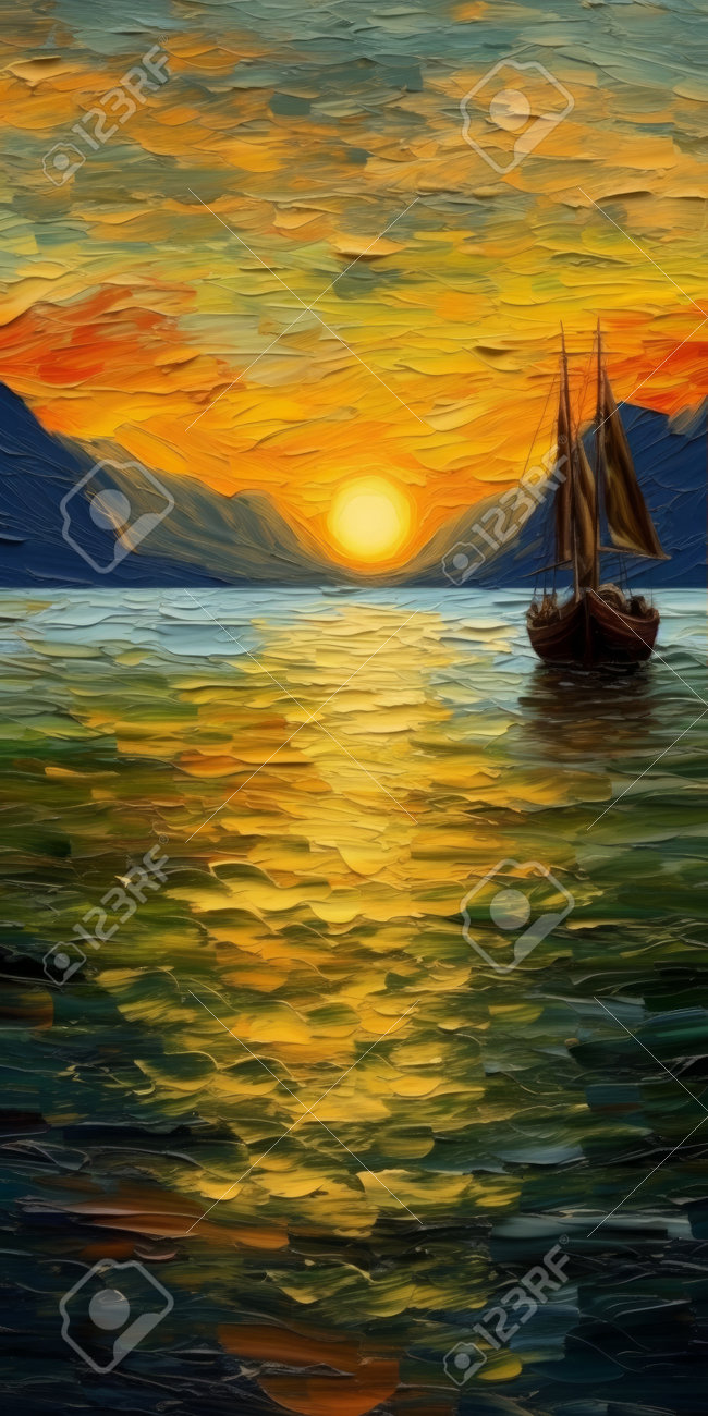 大迫力 夕暮れの海岸と町並みの絵画 大迫力 夕暮れの海岸と町並みの絵画