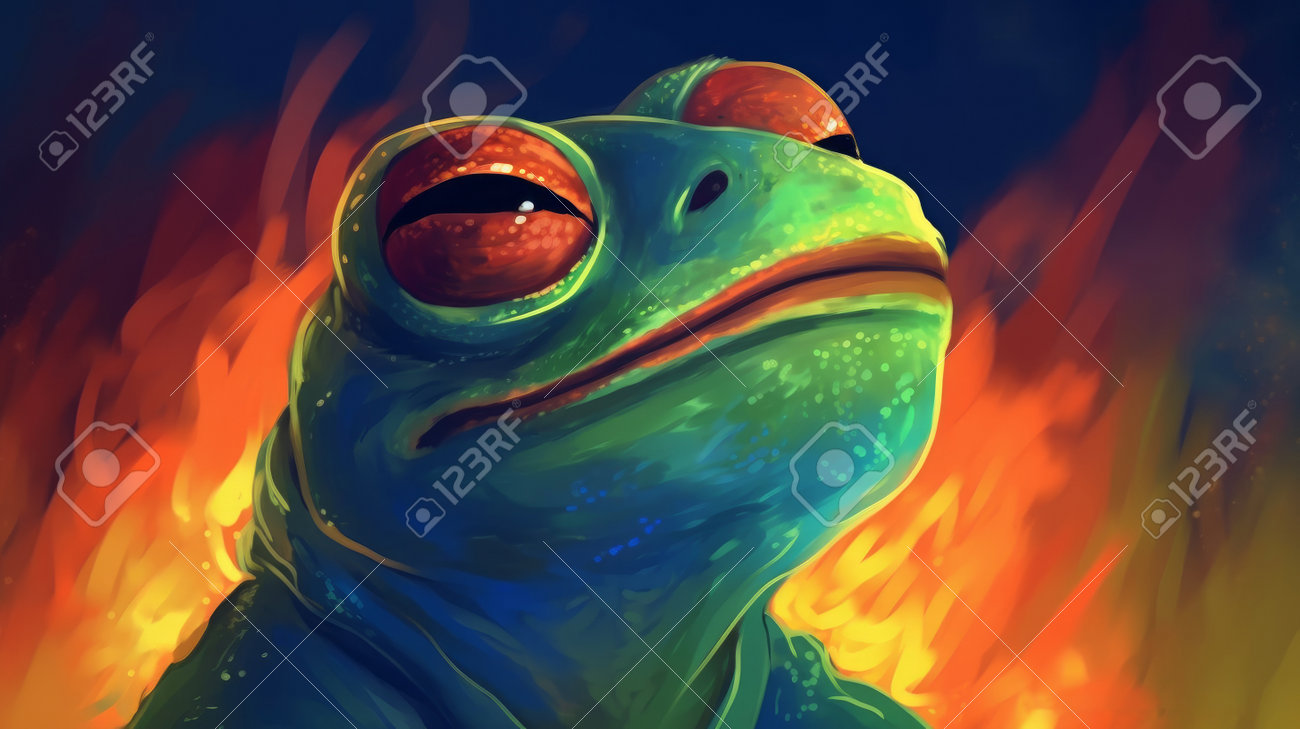 18番の象徴的なスタイルのカエルのペペのデジタルアートワークで、大胆なラインと鮮やかな色が特徴です。AI生成の写真素材・画像素材 Image  204906829
