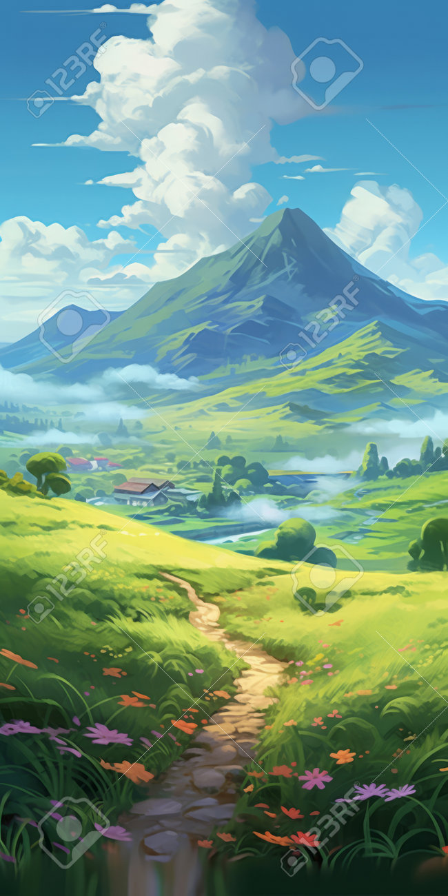 Mountainscape Desktop Wallpaper Featuring A Whimsical Anime Style