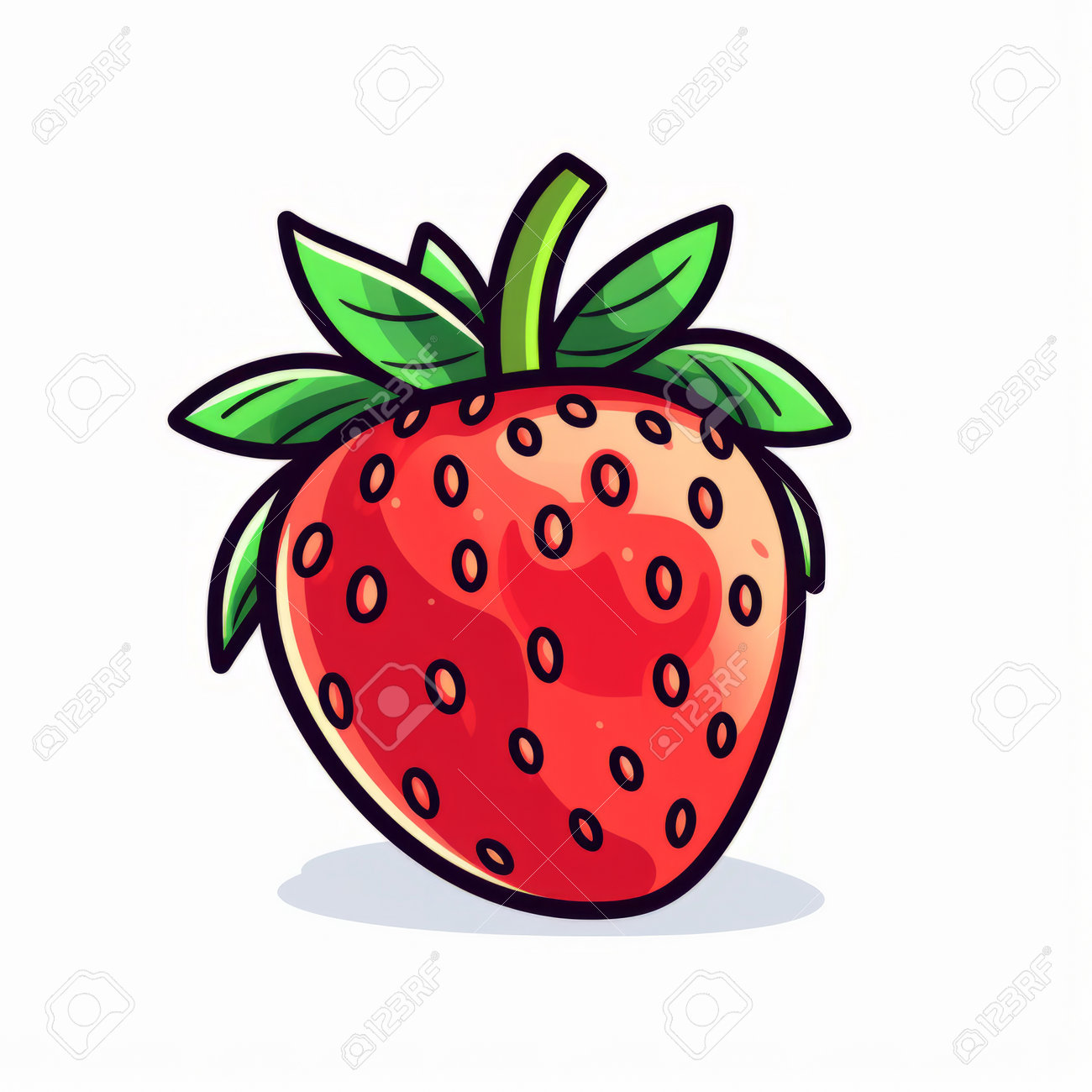 Red Strawberry With Leaf Isolated On White Background. Colored Cartoon  Style, Outlined Art, Traditional Animation, Graffiti-esque Markings. Light  Pink, Light Navy, Visual Puns, Light Green, And Red. Ai Generated Stock  Photo, Picture, image size:1300x1300