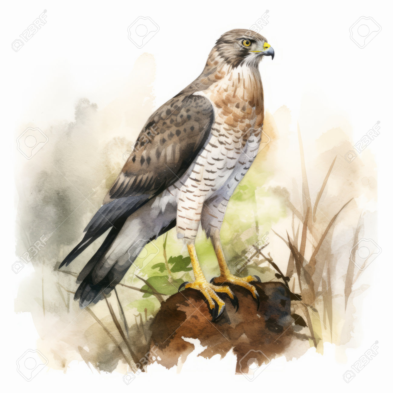 鷹(水彩画、額あり) 緑豊かな草の中に優雅にとまる鳥の超リアルな水彩画であるこの歴史的な