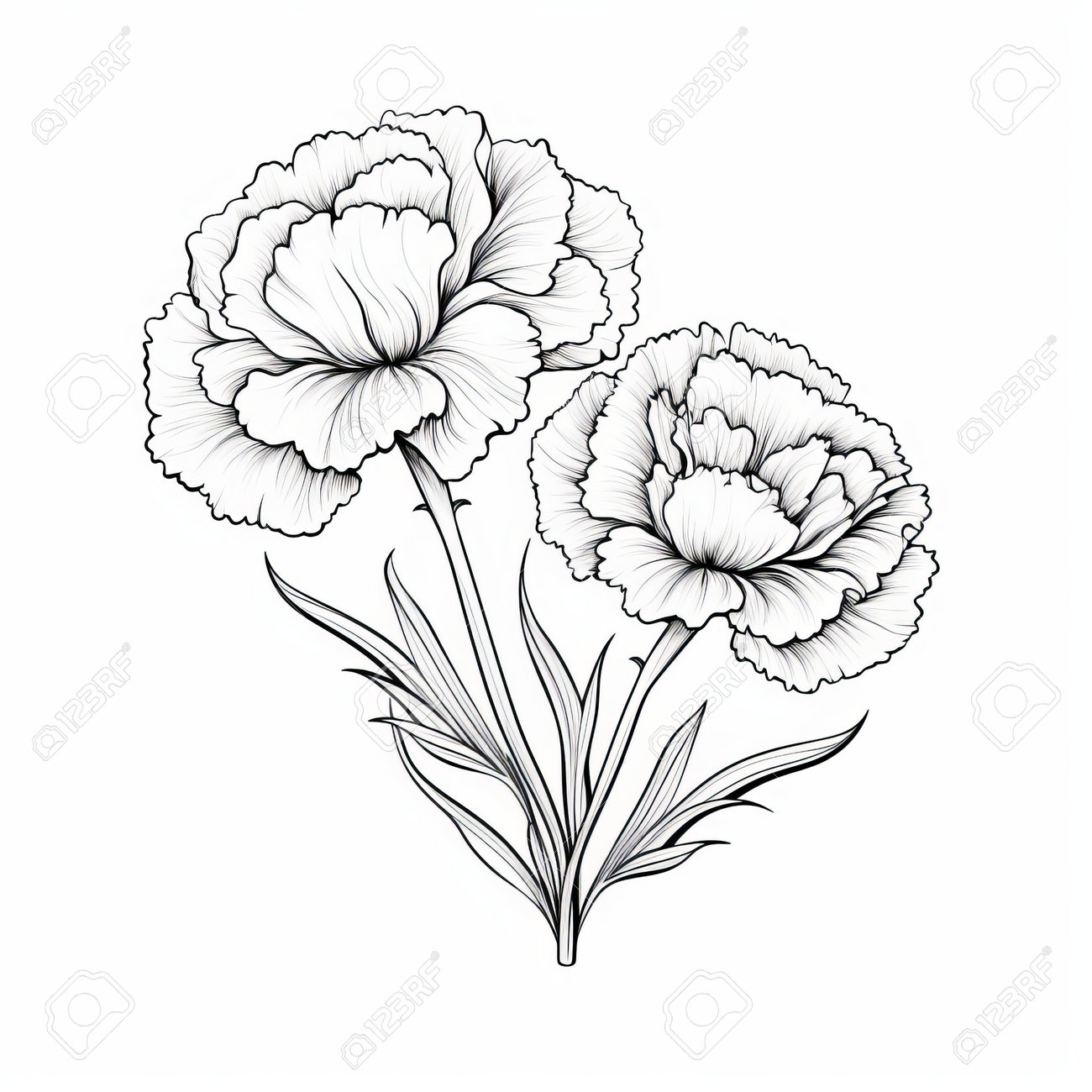 平らな背景に白黒のカーネーションの花。花柄は、線画、ペルシャ