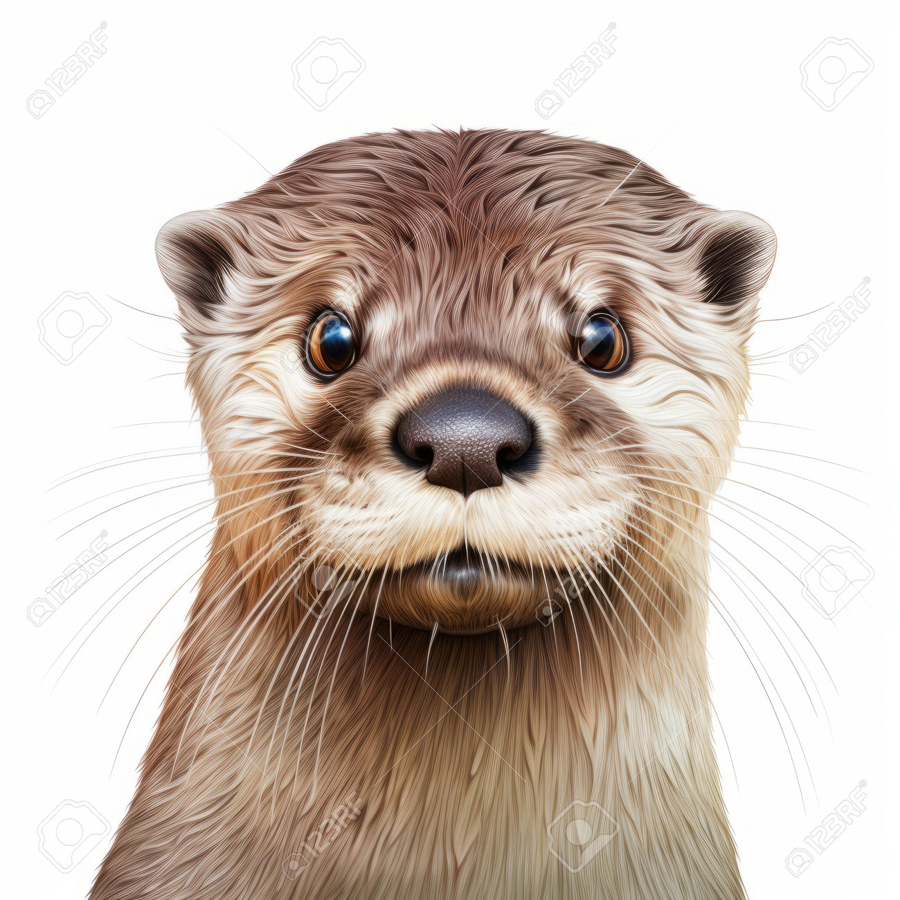 白い背景にカワウソの平面図の接写、正面図。この高解像度の画像は、8Kの超鮮明な品質です。AI 生成の写真素材・画像素材 Image 209454661