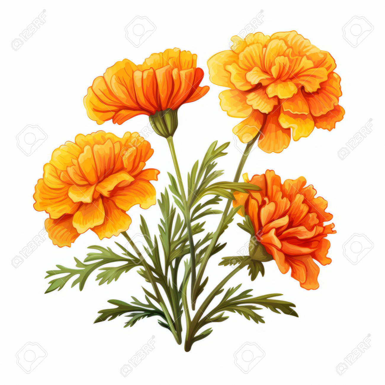 オレンジ色のマリーゴールドの花は、この水彩画のアートワークで