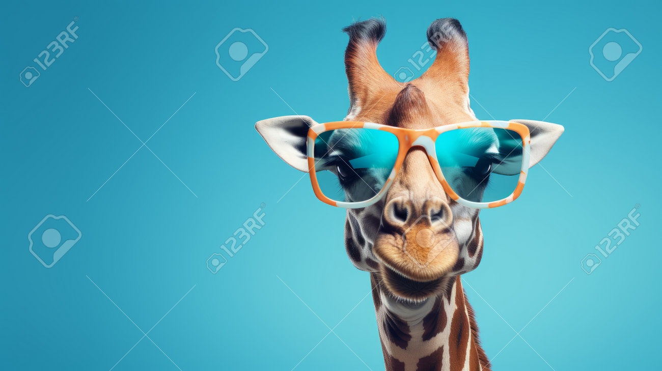 A Giraffe Wearing Sunglasses Stands Out Against A Vibrant Blue Background.  This Playful Photo Showcases Creative Body Manipulations And Bold Fashion  Photography. The Giraffe's Playful Character Is Enhanced By The Use Of, image size:1300x729